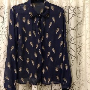 Navy blue owl print button down